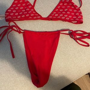 Red 437 swim logo bikini with tie up bottoms